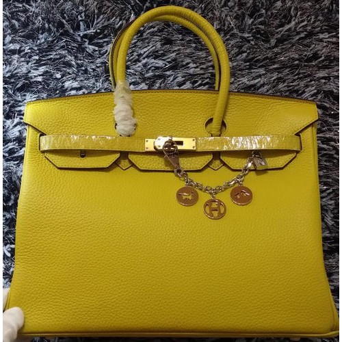 Hermes Birkin 35CM Sac fourre-tout en cuir de litchi HB35GL citron