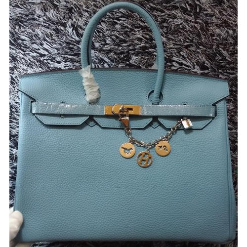 Sac fourre-tout Hermes Birkin 35CM en cuir de litchi HB35GL bleu clair