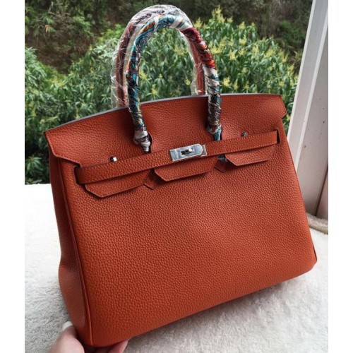 Sac fourre-tout Hermes Birkin 35CM en cuir de veau orange BK35 argent