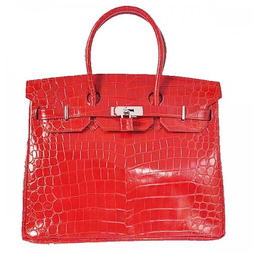Sac cabas Hermes Birkin 35CM cuir croco rouge irisé argent