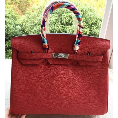 Sac fourre-tout Hermes Birkin 35CM en cuir de litchi rouge BK35 argent
