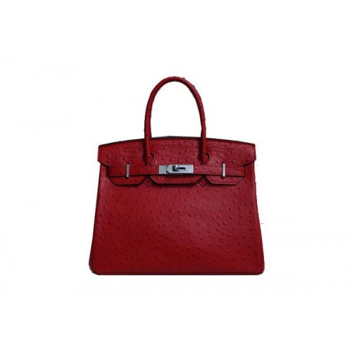 Sac fourre-tout Hermes Birkin 35CM en cuir d'autruche rouge BK35 argent
