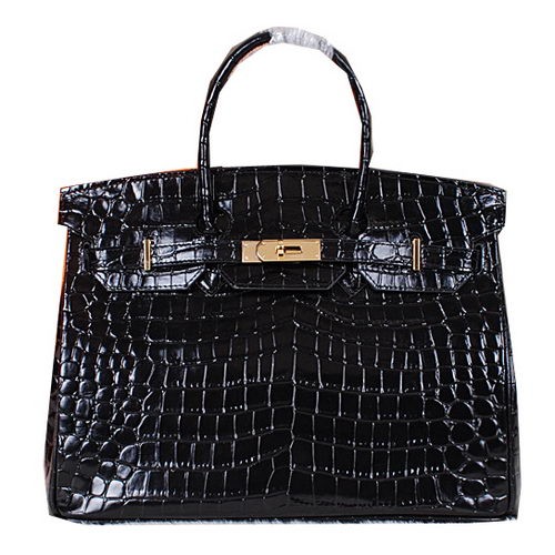 Hermes Birkin 35CM Tote Bag Shiny Croco Leather H35C Noir