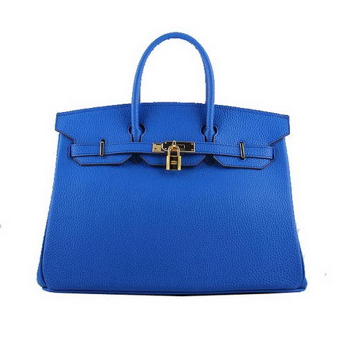Hermes Birkin 35CM Sacs fourre-tout en cuir grainé bleu H-35 Or