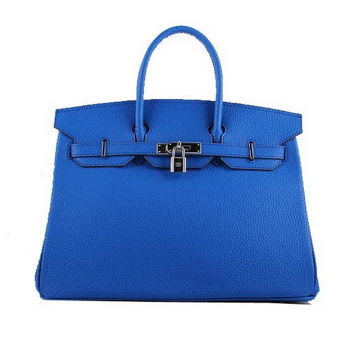 Hermes Birkin 35CM Sacs fourre-tout en cuir grainé bleu H-35 Argent