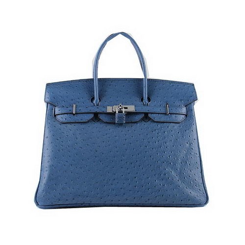 Hermes Birkin 35CM Sacs fourre-tout en cuir d'autruche bleu H6089 Argent