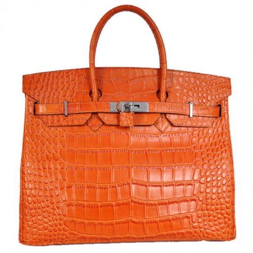 Hermes Birkin 35CM Tote Bags Crocodile Togo Cuir Orange Argent
