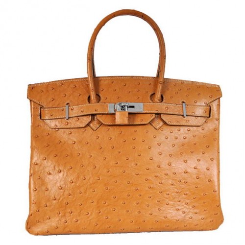 Hermes Birkin 35CM Tote Bags Autruche Cuir Togo Ocre Argent