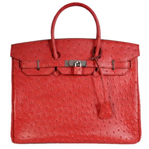 Hermes Birkin 35CM Tote Bags Autruche Togo Cuir Rouge Argent