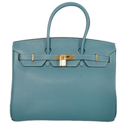 Hermes Birkin 35CM Tote Bags Cuir lisse Togo Bleu Doré