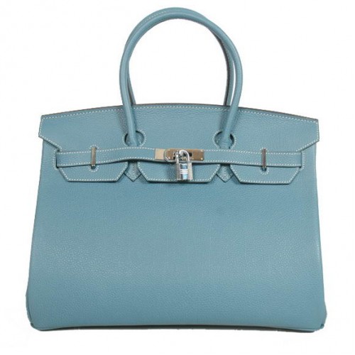 Hermes Birkin 35CM Tote Bags Cuir lisse Togo Bleu Argent