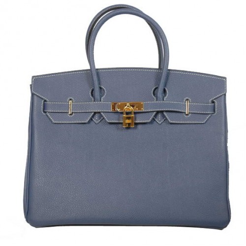 Hermes Birkin 35CM Sacs fourre-tout en cuir lisse Togo bleu foncé doré