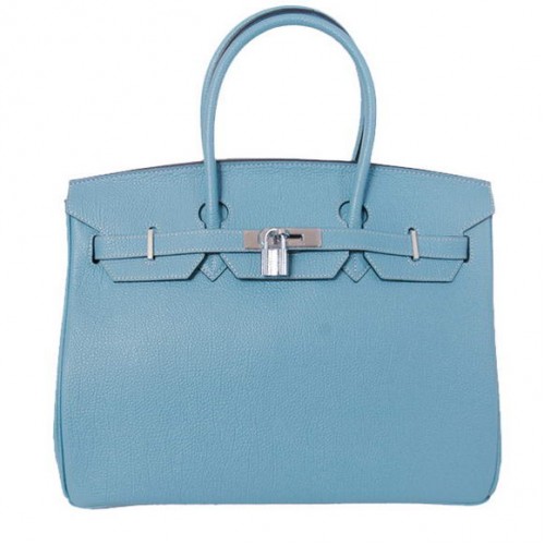 Sacs fourre-tout Hermes Birkin 35CM en cuir lisse Togo bleu clair argent