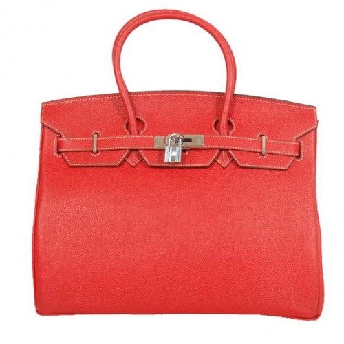 Hermes Birkin 35CM Tote Bags Cuir lisse Togo Rouge Argent