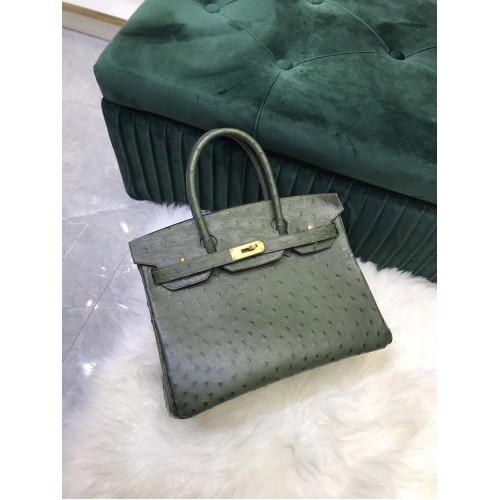 Hermes Birkin Bag cuir d'origine peau d'autruche HBK2530 vert noirâtre