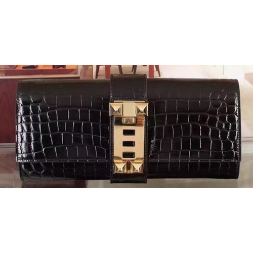 Pochette en cuir Hermes Croco H88017 Noir