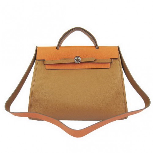 Sac Hermes HerBag 33CM en cuir Togo marron et orange