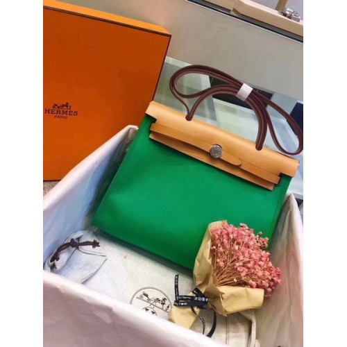 Hermes Herbag 31CM Original Canvas Cuir de veau 45987 Vert&Abricot