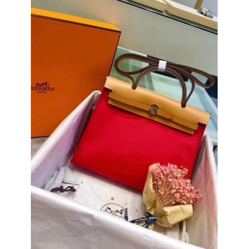 Hermes Herbag 31CM Original Canvas Cuir de veau 45987 Rouge&Abricot