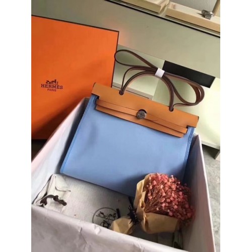 Hermes Herbag 31CM Original Canvas Cuir de veau 45987 Skyblue&Brown