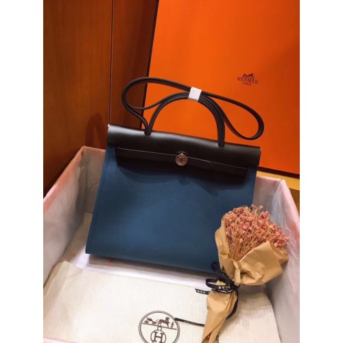 Hermes Herbag 31CM Original Canvas Cuir de veau 45987 Bleu&Noir