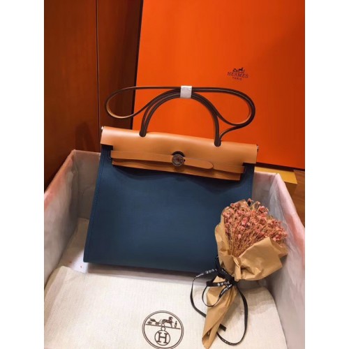 Hermes Herbag 31CM Original Canvas Cuir de veau 45987 Bleu&Abricot
