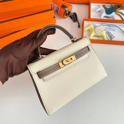 Hermes Kelly 19cm Sacs à bandoulière en cuir Epsom KL19 Matériel doré Crème et gris