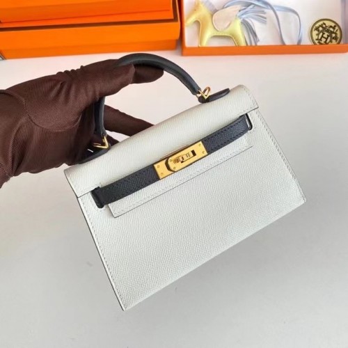 Hermes Kelly 19cm Sacs à bandoulière en cuir Epsom KL19 Matériel d'or blanc et noir