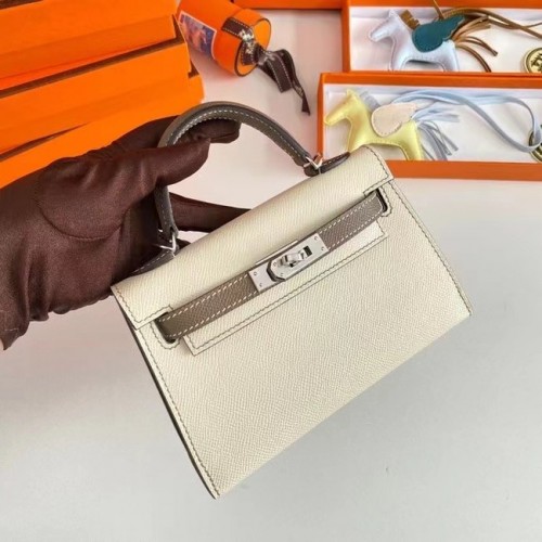 Hermes Kelly 19cm Sacs à bandoulière en cuir Epsom KL19 Matériel argenté Crème et gris