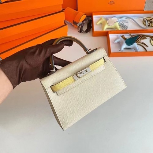 Hermes Kelly 19cm Sacs à bandoulière en cuir Epsom KL19 Matériel argenté Crème et jaune