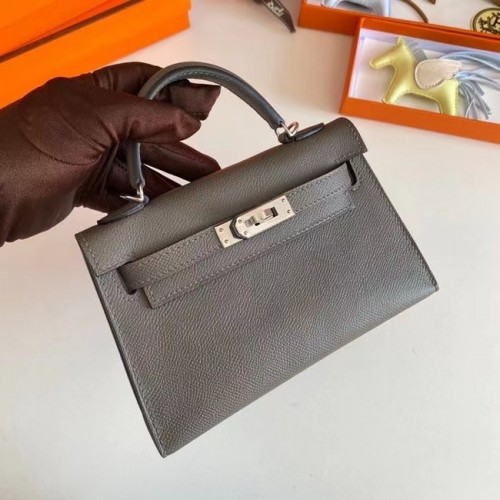 Hermes Kelly 19cm Sacs à bandoulière en cuir Epsom KL19 Matériel argenté gris