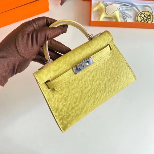Hermes Kelly 19cm Sacs à bandoulière en cuir Epsom KL19 Silver matériel citron