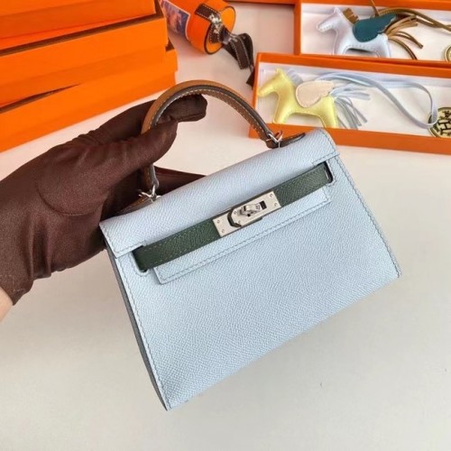 Hermes Kelly 19cm Sacs à bandoulière en cuir Epsom KL19 Matériel argenté bleu clair et vert