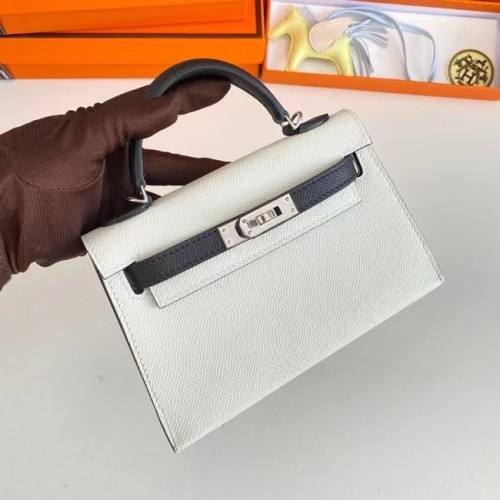 Hermes Kelly 19cm Sacs à bandoulière en cuir Epsom KL19 Matériel argenté blanc et noir