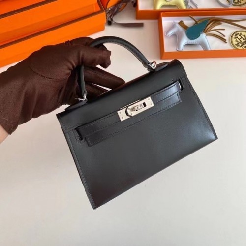 Hermes Kelly 19cm Sacs à bandoulière boîte Cuir KL19 Matériel argenté noir