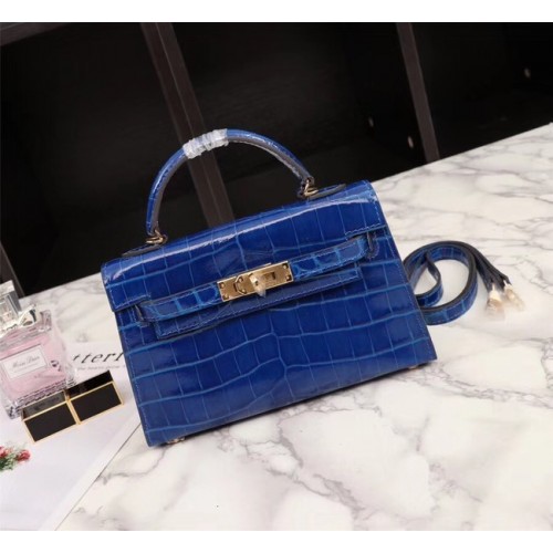 Hermes Kelly 19cm Tote Bag cuir crocodile KL19 bleu