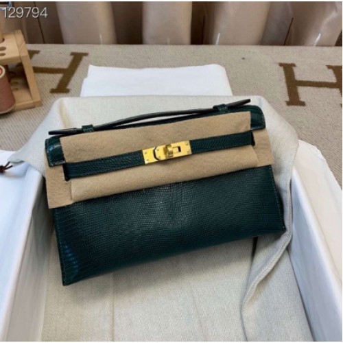 Sac fourre-tout Hermes Kelly 22CM Original en cuir de lézard KL22 vert foncé