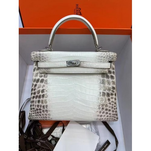 Hermes Kelly 25CM Original sac en cuir de crocodile du Nil sud-africain KL25 blanc et gris