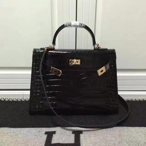 Hermes Kelly 28cm sac à bandoulière Croco cuir K28 noir