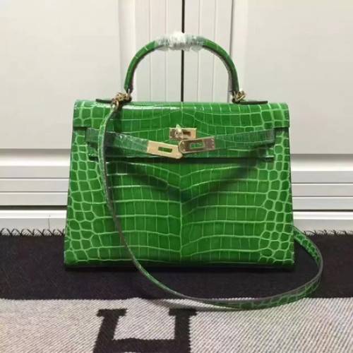 Hermes Kelly 28cm sac à bandoulière Croco cuir K28 vert