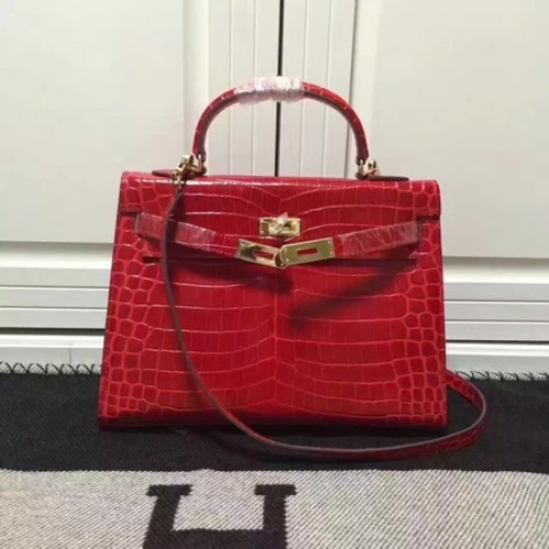Hermes Kelly 28cm Sac à Bandoulière Croco Cuir K28 Rouge