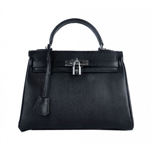 Hermes Kelly 28cm Sacs à bandoulière en cuir grainé noir argent