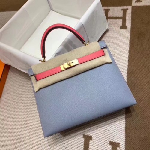 Hermes Kelly 28cm Sacs à bandoulière en cuir Epsom KL28 bleu et rose