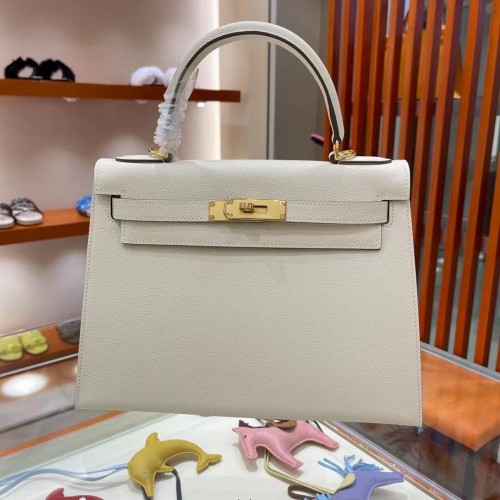 Hermes Kelly 28cm Sacs à bandoulière en cuir Epsom KL28 matériel d'or blanc crème