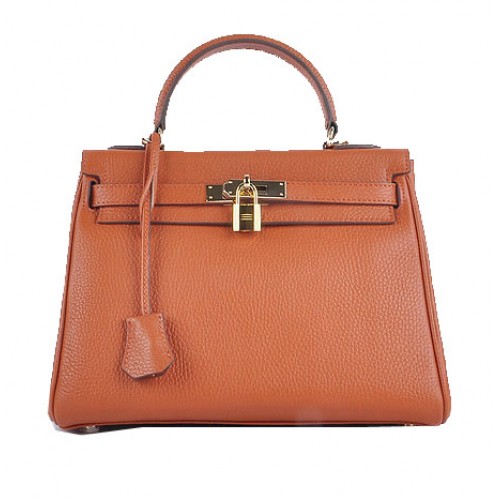 Hermes Kelly 28cm Sacs à bandoulière Orange Cuir grainé Or