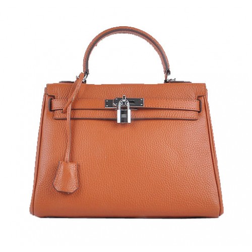 Hermes Kelly 28cm Sacs à Bandoulière Orange Cuir Grainé Argent