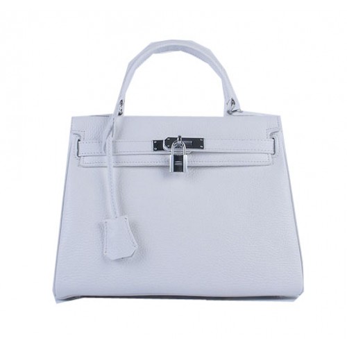 Hermes Kelly 28cm Sacs à bandoulière en cuir grainé blanc argent