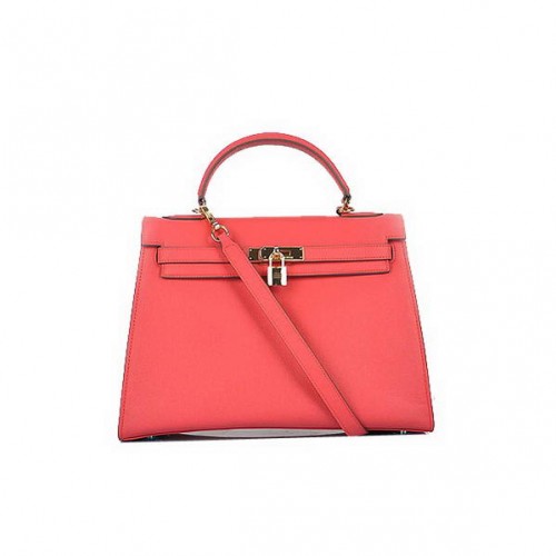 Mode Hermes Kelly 32cm Sacs en cuir de veau rouge clair or