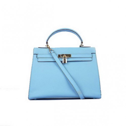 Sacs Hermes Kelly 32cm de qualité supérieure en cuir de veau bleu ciel or