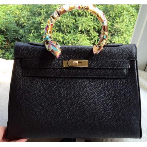 Hermes Kelly 32cm Sac à bandoulière en cuir de veau noir K32CL Or
